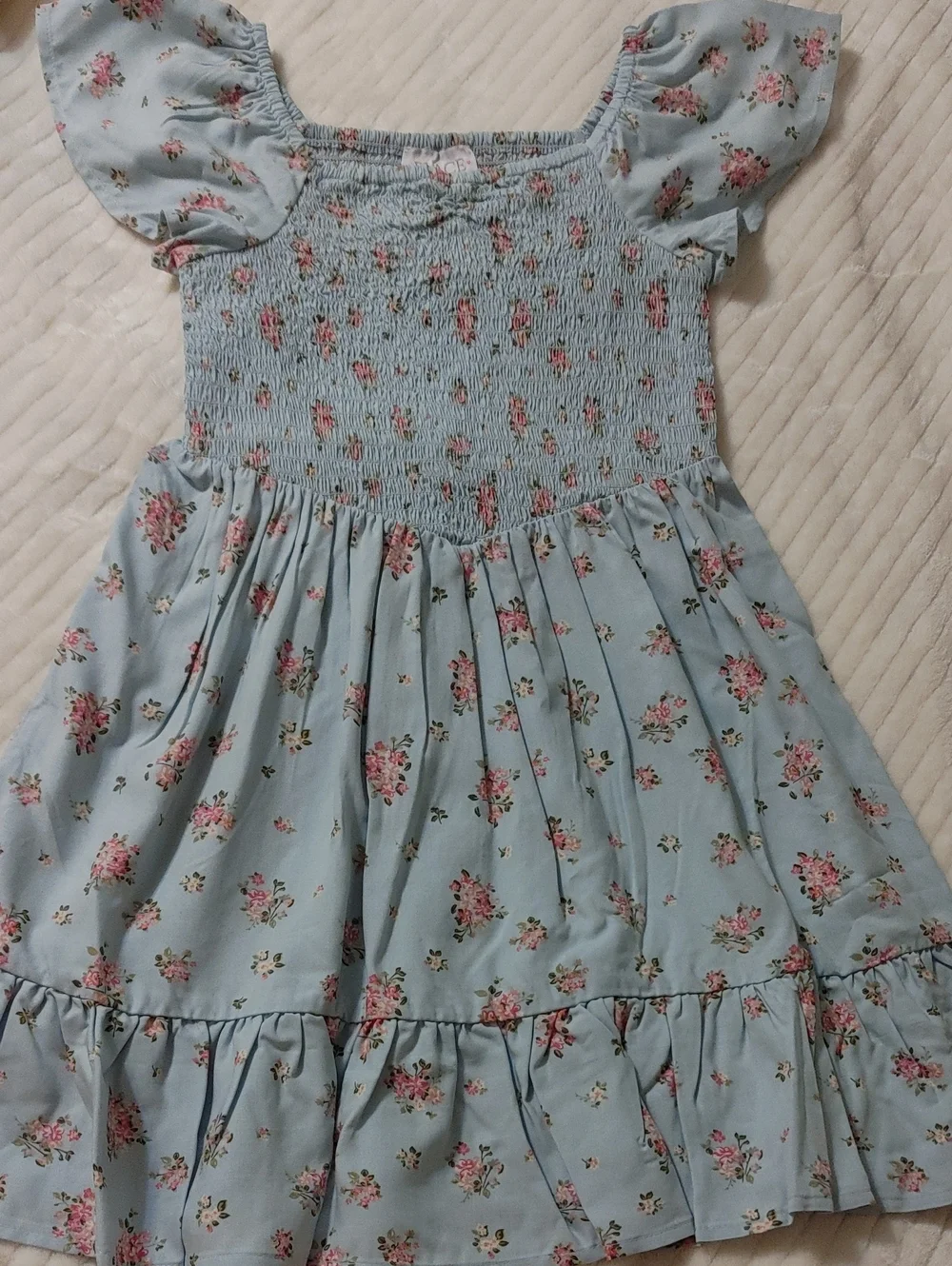 Girls' Blue Floral Smocked Casual Dress
